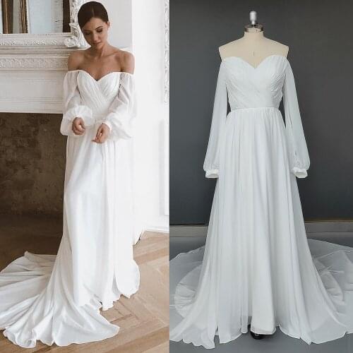 Off Shoulder Ruched Chiffon Long Sleeves Wedding Bride Gowns Custom Made 2021 Plus Size A Line Buttons Bridesmaid Bridal Dresses