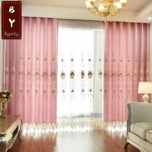 European Style Curtains for Living Dining Room Bedroom Simple Embroidery Chenille Pink Curtains Finished Product Customization