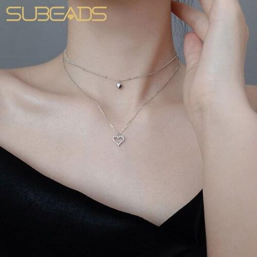 Subeads 925 Sterling Silver Love Heart Double Layers Collarbone Necklace For Women Crystal Heart Choker Necklace Jewelry Gifts