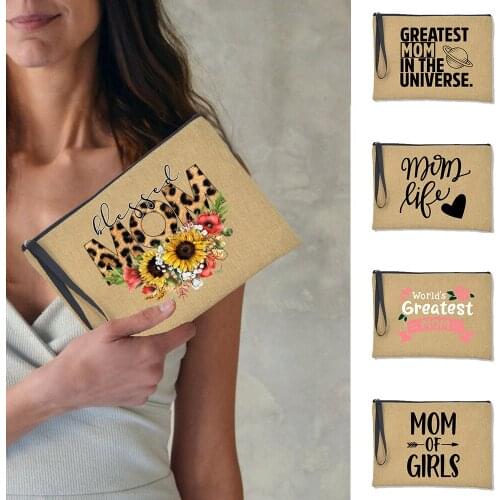 Blessed Mom Letter Clutch Bag for Women Flowers Linen Cosmetic Handbag Ladies Makeup Fashion Wrist Bag Party Mothers Day Gift