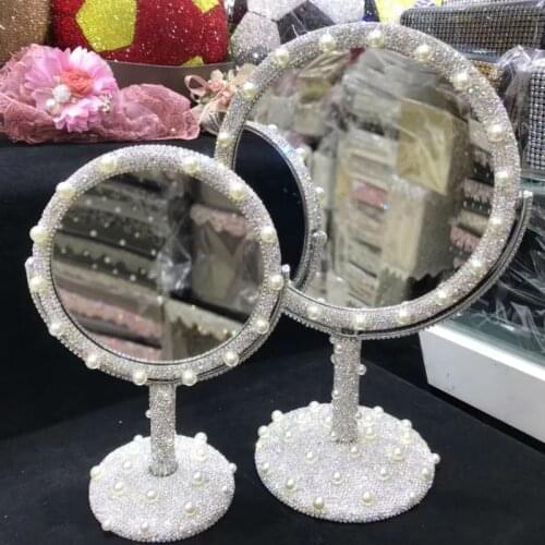 Sparkling Mirrors with Crystal Rhinestones Desk Round Vanity Mirror Metal Double Sided HD Mirror for Bedroom Table Decorative