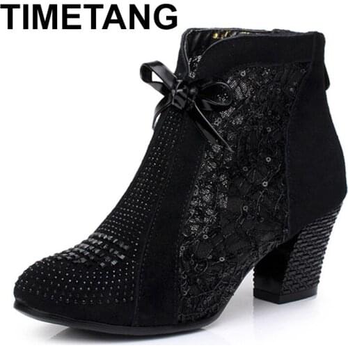 TIMETANG Thick Mid Heel Nubuck Leather Lace Floral Bowknot Pearl Rivets Summer Women Fashion Sandals Ankle Boots Plus Size 32-42