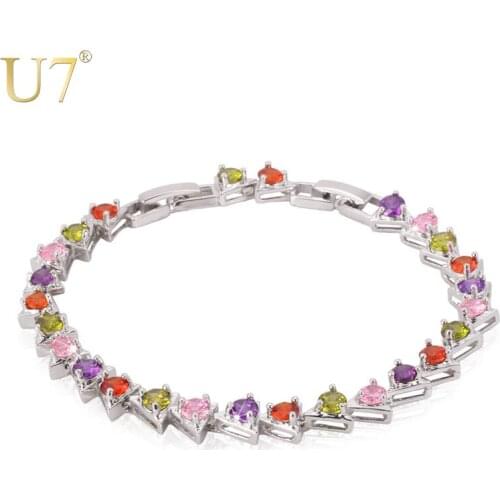 U7 Cubic Zirconia Bracelet Trendy Silver/Gold Color Colorful CZ Crystal Jewelry Wholesale Tennis Bracelets Bangles H547