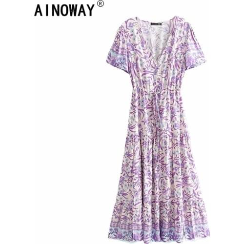 Vintage chic women purple Floral print beach Bohemian rayon maxi dresses Ladies V neck botton Boho pleated dress vestidos