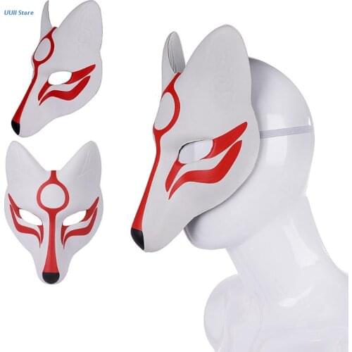 Pu Leather Japanese Kabuki Kitsune Foxes Masks Japanese Anime Cosplay Halloween Party Costume Props with Elastic Belt