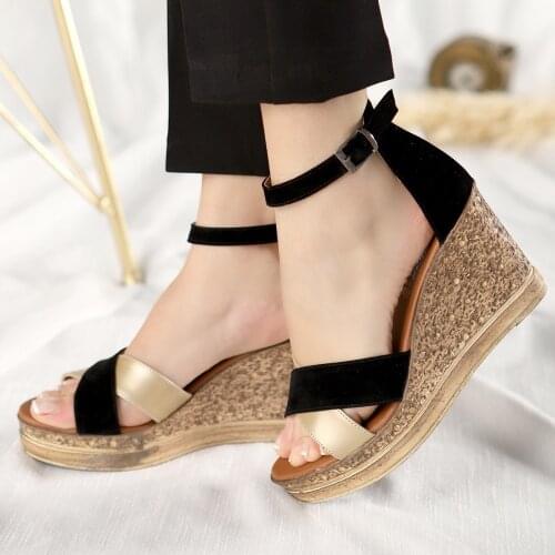 Tonar Petro Black Suede Gold Detailed Fill Heel Women Sandals New Season Platform Ankle Strap Summer