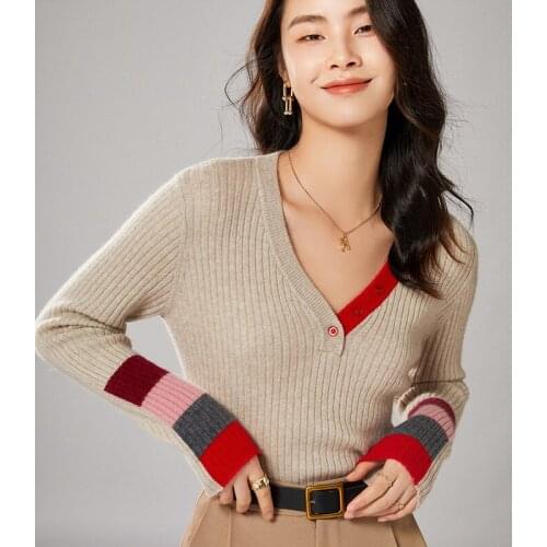 2021 woman winter 100% Cashmere sweaters knitted Pullovers jumper Warm Female V-neck blouse Patchwork long sleeve clothing