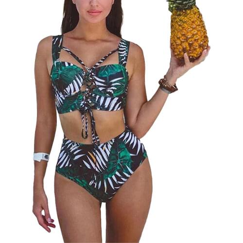 Women Leaf Print Two-piece Bathing Suit Sexy Lace-up Top High Waist Thong Summer Clothes Bikini Sets Swimsuit