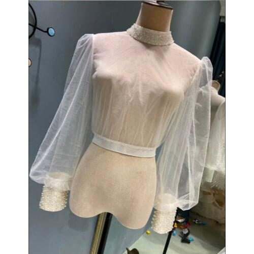 High neck bridal top puffy long sleeves with beaded cuff bridal bolero top