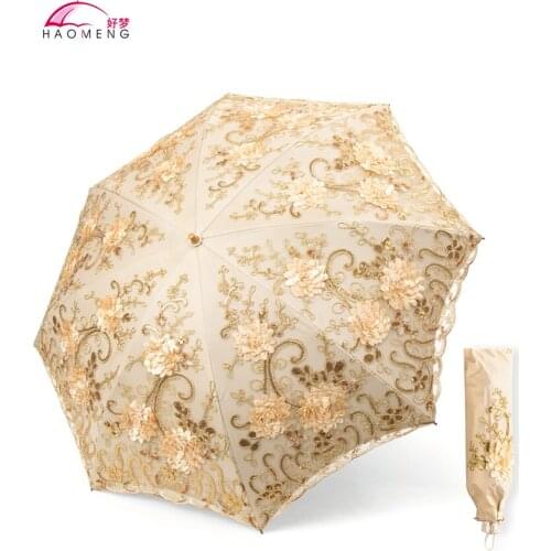 Sun Ladies Parasol Women Long Handle Rain Lace Flower Woman Beautiful Folding Umbrella Windproof Embroidery Sunscreen Gift Y6S