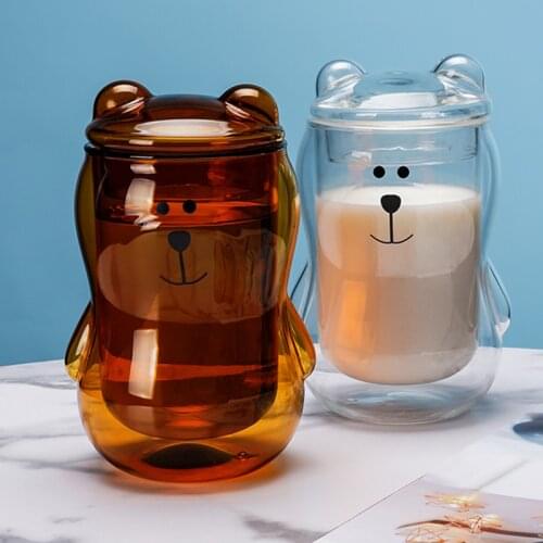 300mL Creative Cute Bear Double Wall Personalized Coffee Mug with Cover Cartoon Amber Transparent Bear Glass Cups Gifts for Kids