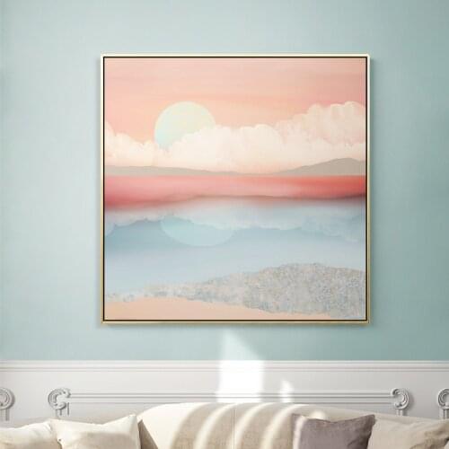 Abstract Pink Sun Mountain Lake Landscape Wall Art Nordic Poster and Prints Pictures for Living Room Home Decor Canvas Painting