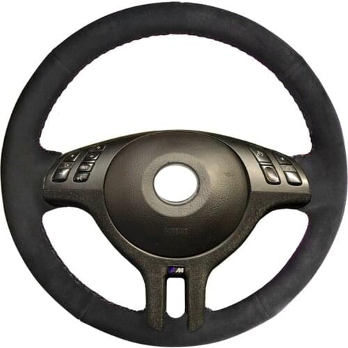 Auto Genuine Leather Alcantara Hand-Stitched Black Suede Leather Car Steering Wheel Cover for BMW E46 325i X5 E53 E39