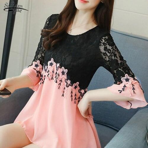 Blusas Mujer De Moda 2021 Plus Size Blouses Long Sleeve Women Tops Lace Patchwork Lace Shirts Chiffon Fashion Women Shirt D583