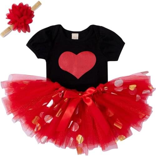 Baby Girl Valentine Romper Tops, Mesh Skirt, Floral Headband, Round Neck Short Sleeve Heart Printed Shirt, Sequined Half Dress