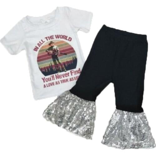 Childrens girl white short-sleeved clothes suit black bell sequins pants 2020 boutique fashion pants