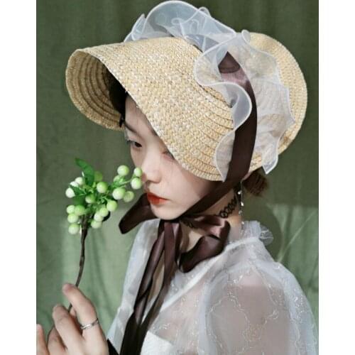 French Vintage Women Ribbon Bandage Bonnets Cap Spring Summer Travel Straw Organza Fascinator Hat Photo Shooting Headwear 2021