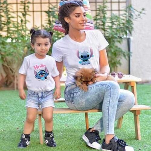 Disney Stitch T Shirts Lady Summer Cartoon Top Women T-shirt Family Matching Outfits Black White Mom Me Tshirt Hot Sales Clothes