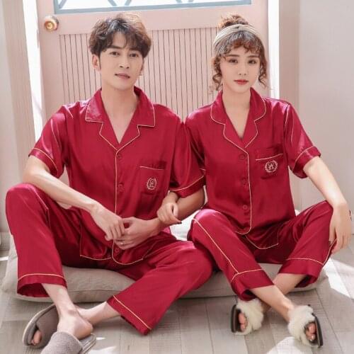Couples Men & Women Satin Pajamas Set 2pcs Shirt Pant Home Clothes Lovers Sleepwear Pyjamas Suit M L XL XXL 3XL
