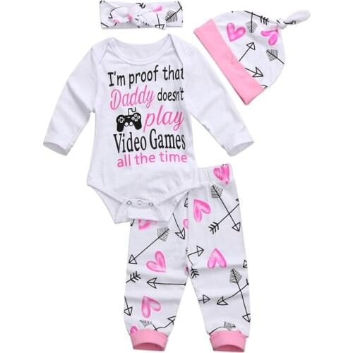 Newborn Infant Baby Girls Clothes Set Autumn Long Sleeve Letter Bodysuit Jumpsuit Pants Girl Clothing Cotton 4PCS Outfit