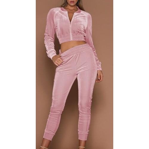 Sexy Casual Bodycon Sweatshirt Sweatpants Set Velvet Surface Zipper Women Long Sleeve Crop Top Elastic Waist Pants for Sports