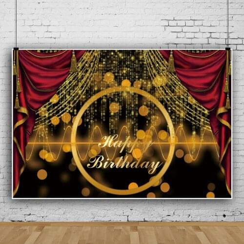 Laeacco Light Bokeh Background Happy Birthday Poster Gold Tassel Red Vintage Curtain Personalized Banner Photographic Backdrops
