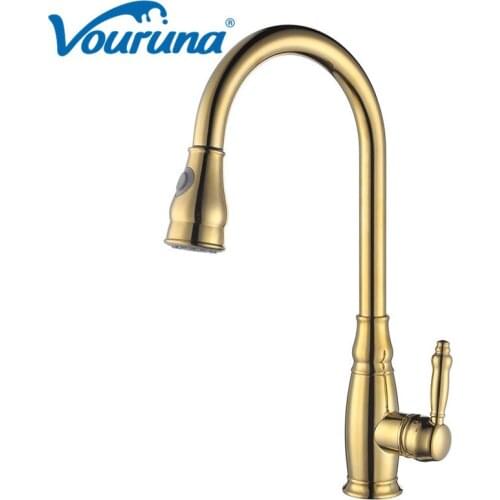 VOURUNA Copper Water Saver Filter Swivel Kitchen Sink Mixer Tap Pull Out Kitchen Faucet Chrome/ORB/Nickle Brushed/Golden Finish