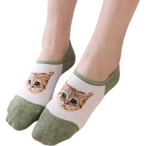 Female Girls Kawaii Cartoon Cat Jacquard Invisible Boat Socks Breathable Mesh Top Non-Slip Silicone Grip Thin Hosiery