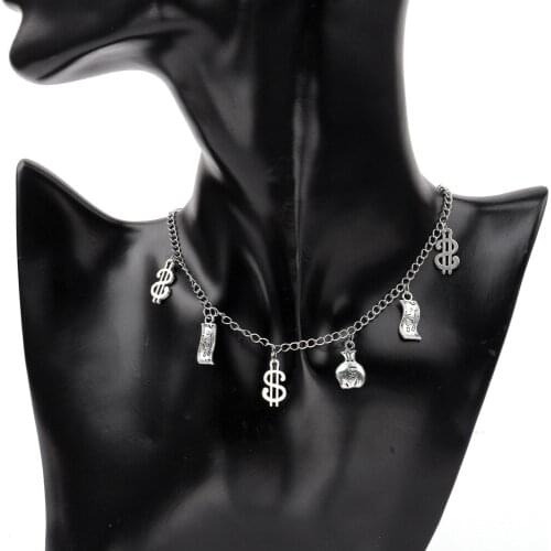 Fashion Alloy Bill Dollar Sign Charms Choker Necklace Jewelry for Women Hip Hop Metal Collar Necklace Chain Pendant Accessories