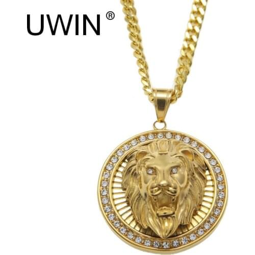 UWIN Men Hip hop Round Lion head Pendant Stainless Steel Iced Out Rhinestone Animal Pendant Necklace Chain Fashion Punk Jewelry