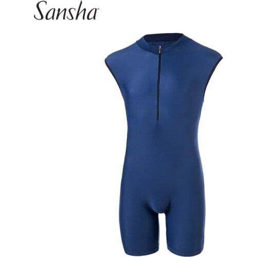 Sansha Mens Zip-front Biketard Cap Sleeve Tactel Spandex Blue Dance Unitard Bodysuit Ballet Gym Fitness Leotards 52AG0002T