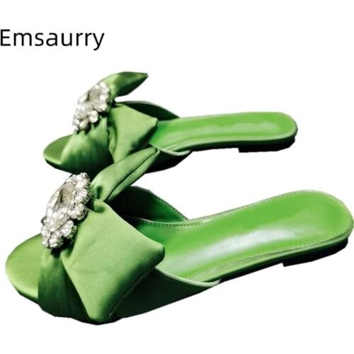 Luxury Satin Pleated Bowknot Flat Slippers Women Jeweled Diamond Buckle Decor Runway Mules Sexy Open Toe Shoes Woman
