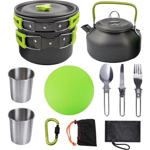 Camping Cookware Set Aluminum Cooking Tea Cup Kettle Tableware Pot Pan Fork