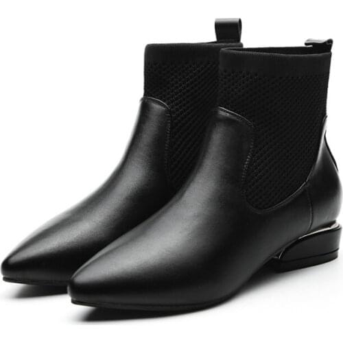 New autumn winter knitting ankle boots women designer metal decoration low heel leather bota feminina pointed bota neve 463