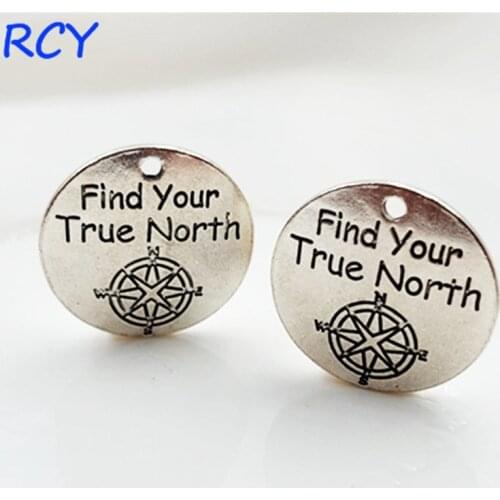 Top Quality 20 Pieces/lot 25mm letter printed find your true north charms pendant compass charms