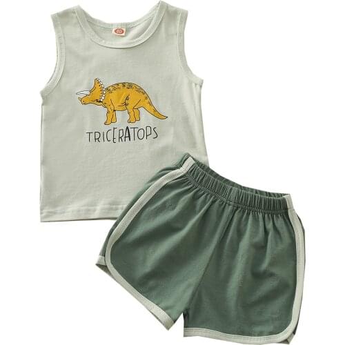 Girls Casual Two-piece Clothes Set Dinosaur and Letters Printed Pattern Vest and Elastic Waist Shorts, Claret/ Brown/ Green