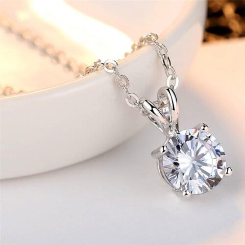 Simple Female White Crystal Pendant Necklace Charm Silver Color Wedding Necklace Trendy Bridal Round Chain Necklace For Women