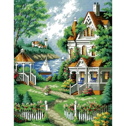 Needlework,DIY DMC Cross stitch,Set For Embroidery kit,Scenic,cottage,garden Europ villa Pattern Counted Cross-Stitch Wall Decor