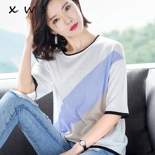Sexy knitted top tees Women O-Neck patchwork pullover shirt short sleeve oversize tops vintage female sweater 2019 sweater