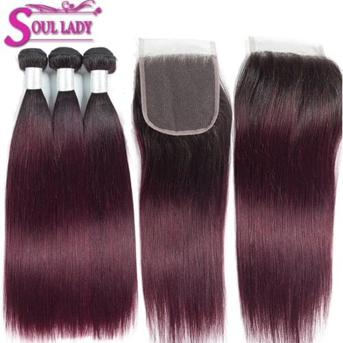 Soul Lady Ombre Human Hair 1B 99j Bundles With Closure Ombre Colored Remy Peruvian Ombre Straight Hair Bundles With Closure
