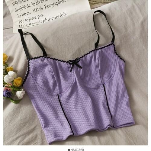 ITOOLIN Sexy Purple Crop Top Spaghetti Strap Camisoles For Woman Slim Off Shoulder Tank Tops Lacing Up Knitted Ribbed Tops Camis