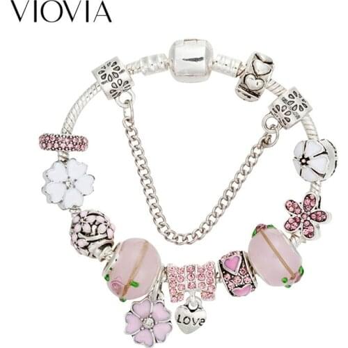VIOVIA Elegant Jewelry Gift Fashion Pink Charms Bracelet & Bangles Black Flower Beads Bracelet for Women Diy Girl Jewelry B18019