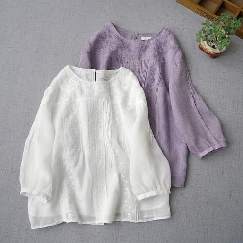 Womens Ramie Quarter Sleeve embroidered shirt spring summer new loose top beautiful lace stitching Pullover 20210402