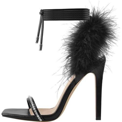 Onlymaker Feather Rhinestone Sandals Thin High Heels Womens Square Toe Ankle Strappy Shoes Dress Evening Party Big Size US5-15