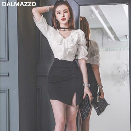 DALMAZZO 2021 New Summer Womens Skirt Suits Clothes V Neck Ruffles Chiffon Short Tops + Buttocks Mini Skirt two Piece Set Femme