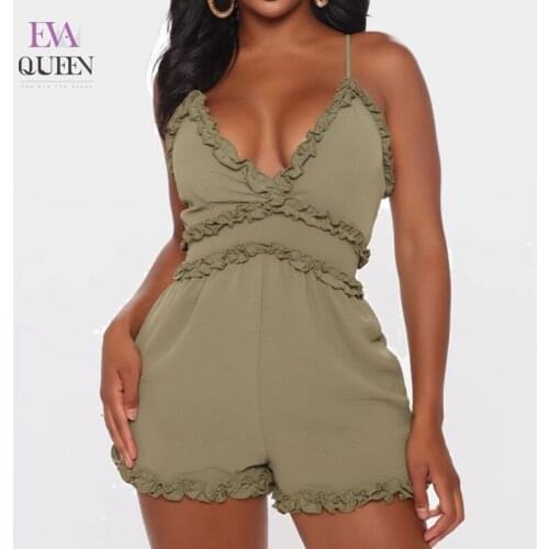 EvaQueen Solid Green Sexy Rompers Women Backless V Neck Spaghetti Strap Ruffle Jumpsuits Summer Sleeveless Beach Casual Playsuit
