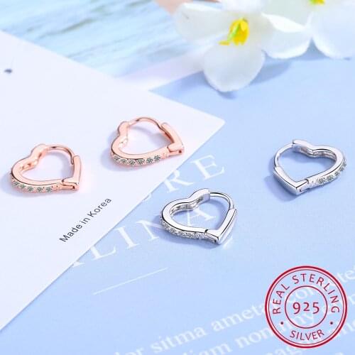 925 Sterling Silver Heart Hoop Earring Rose Golden CZ Rhinestone Heart Earring Bridesmaid Earring Ear Buckle Wholesale Price