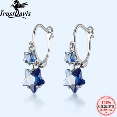 Trustdavis 925 Sterling Silver Fashion Sweet Blue Dazzling CZ Hoop Earrings For Women Wedding Silver 925 Earings Jewelry DA1144