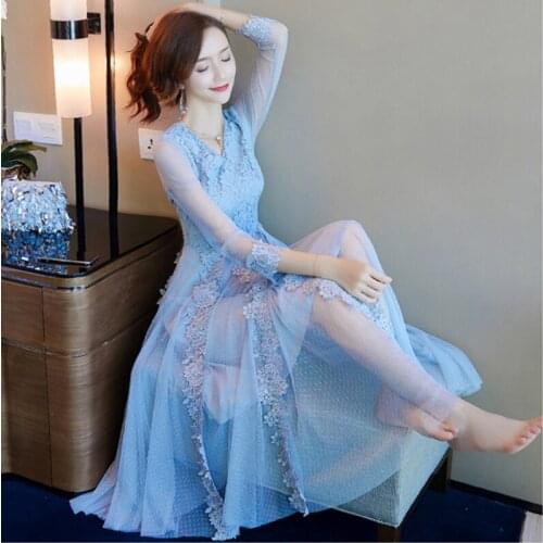 Europe Station Womens Lace Dress 2020 Spring New Medium Long Slim High-end Womens Fashion Dresses Clothing summer