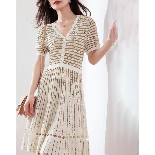 2021 Hot Sale Time-limited 20538 (3 Room 5 On 5) Not Make Web Celebrity Figure Sets V-neck Stripe Knit Dress Is 57